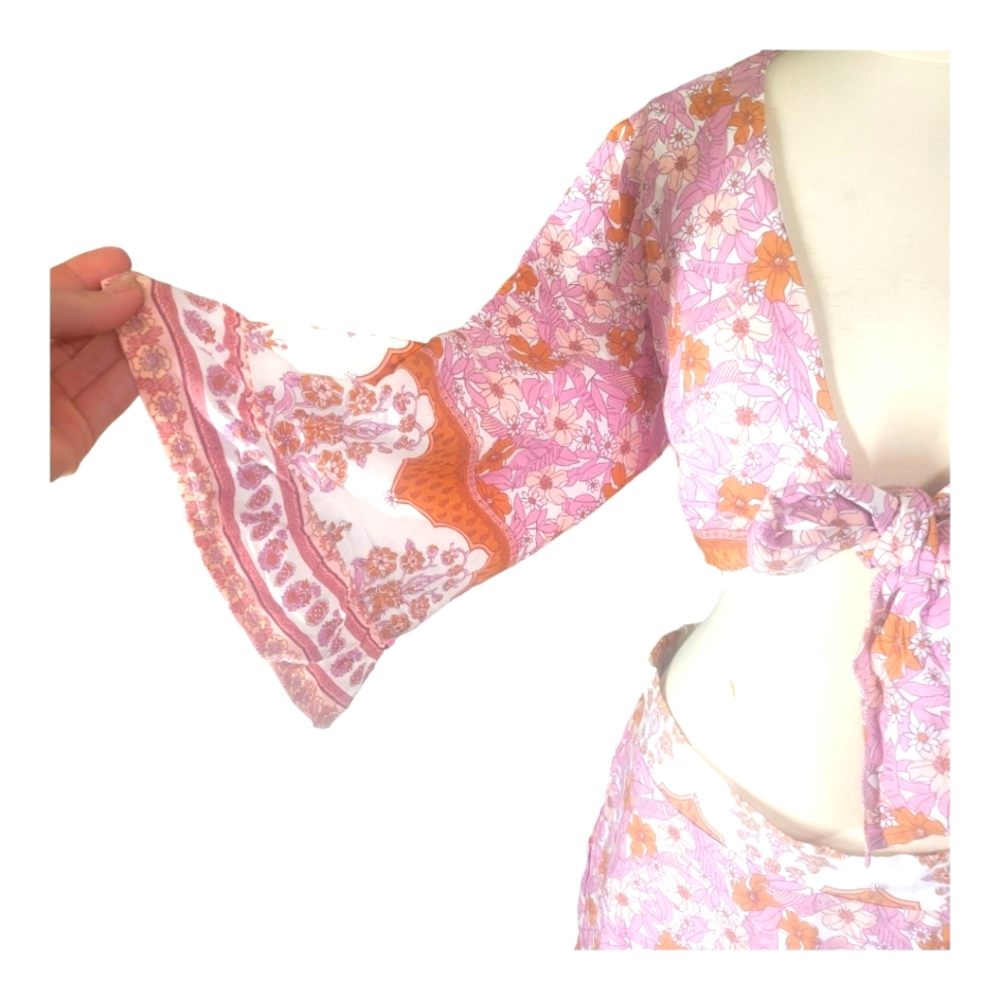 Altar'd State Crop Top sz Small Bell Sleeves Pink Flower Paisley Tie Wrap Blouse